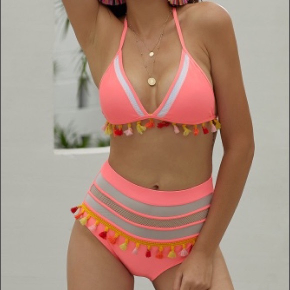High waist coral pink tassel swimsuit - Picture 2 of 8